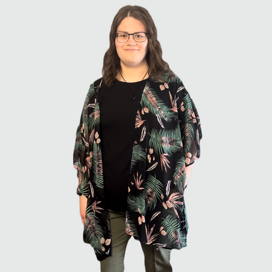 Black Tropical Leaf Kimono