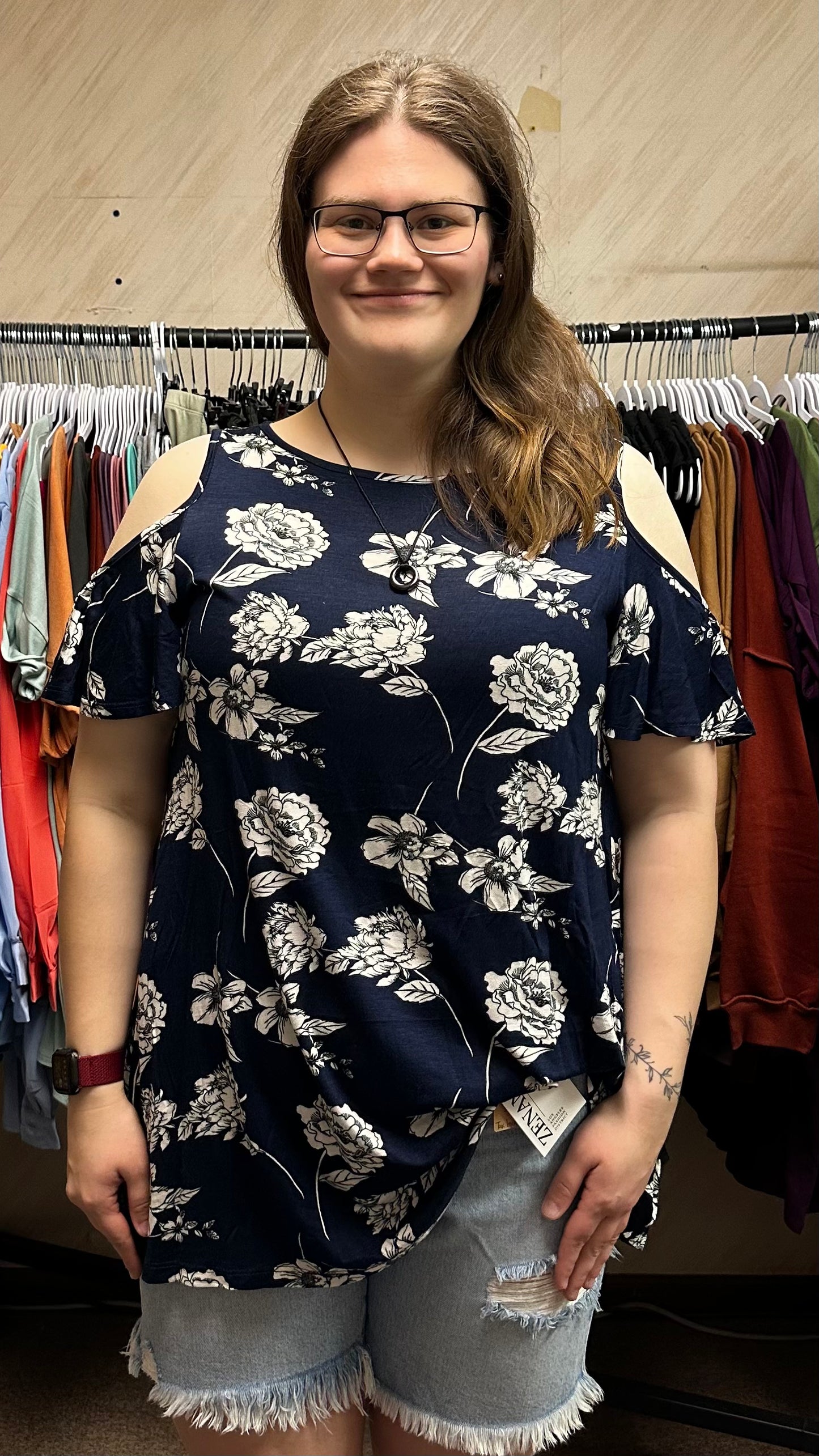 Navy Floral Off-Shoulder Tunic Top