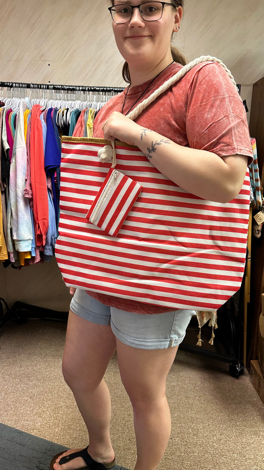 Red Stripped Tote Bag with Coin Purse